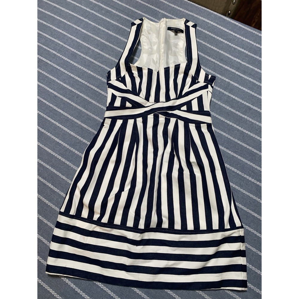 Nanette Lepore Navy and White Striped Sleeveless Fit & Flare Dress